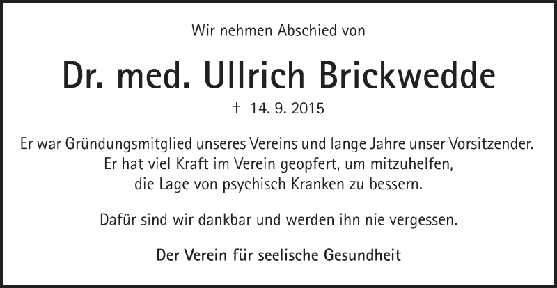  Traueranzeige für Ullrich Brickwedde vom 22.09.2015 aus Schwäbische Post