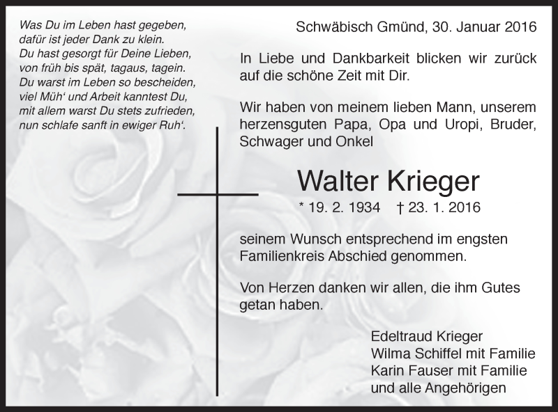  Traueranzeige für Walter Krieger vom 30.01.2016 aus Gmünder Tagespost