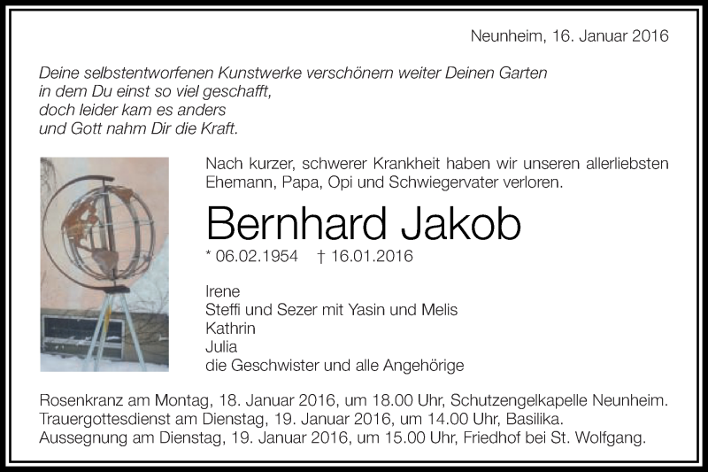  Traueranzeige für Bernhard Jakob vom 18.01.2016 aus Schwäbische Post