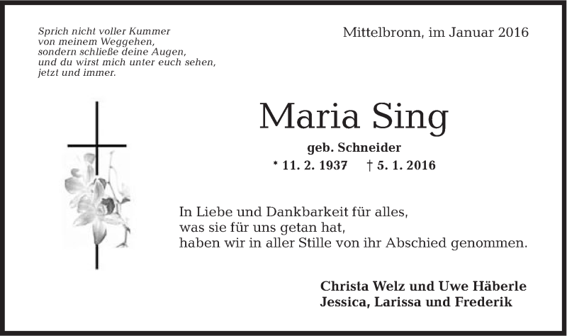  Traueranzeige für Maria Sing vom 16.01.2016 aus Gmünder Tagespost