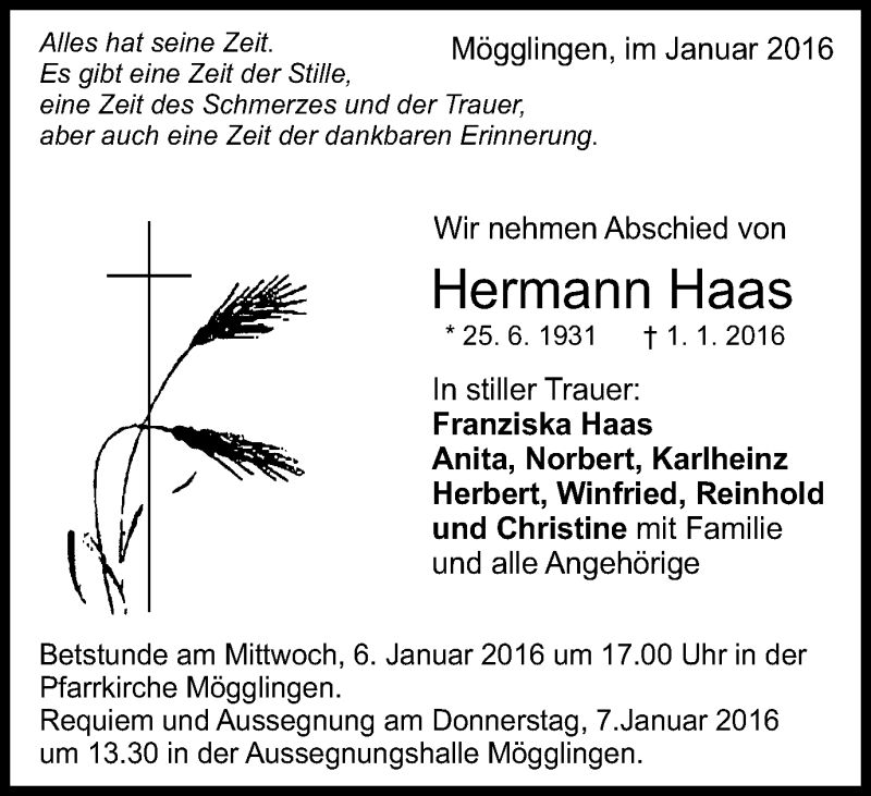  Traueranzeige für Hermann Haas vom 04.01.2016 aus Gmünder Tagespost