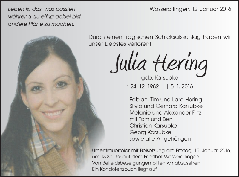  Traueranzeige für Julia Hering vom 12.01.2016 aus Schwäbische Post