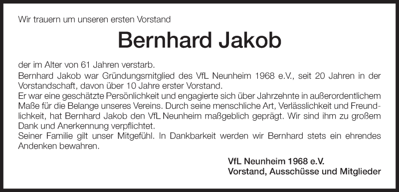  Traueranzeige für Bernhard Jakob vom 19.01.2016 aus Schwäbische Post