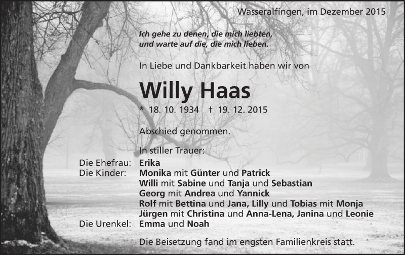  Traueranzeige für Willy Haas vom 02.01.2016 aus Schwäbische Post