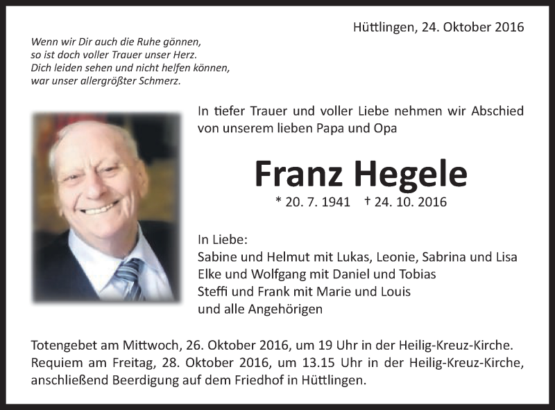  Traueranzeige für Franz Hegele vom 26.10.2016 aus Schwäbische Post