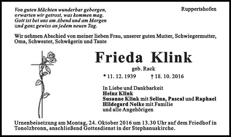  Traueranzeige für Frieda Klink vom 21.10.2016 aus Gmünder Tagespost