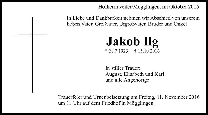  Traueranzeige für Jakob Ilg vom 25.10.2016 aus Schwäbische Post