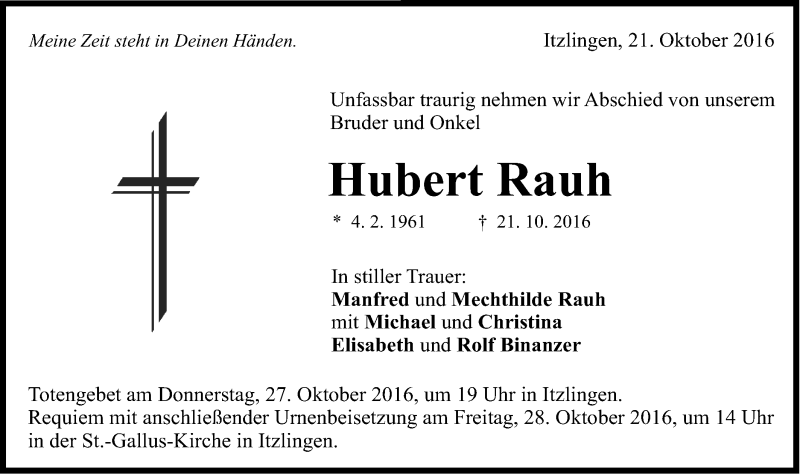  Traueranzeige für Hubert Rauh vom 25.10.2016 aus Schwäbische Post