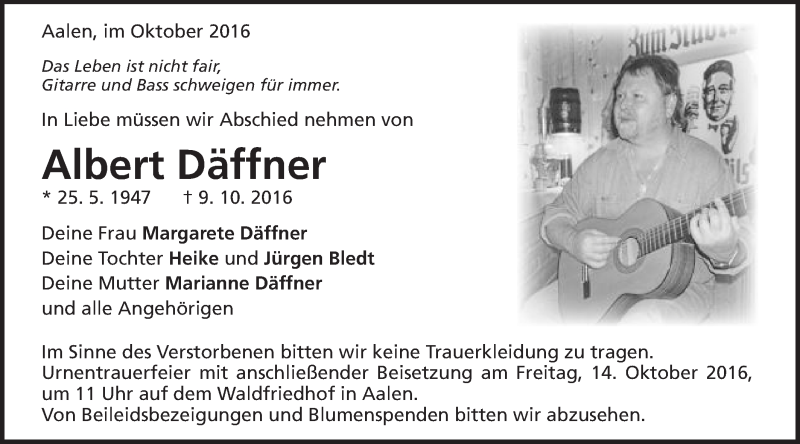  Traueranzeige für Albert Däffner vom 12.10.2016 aus Schwäbische Post