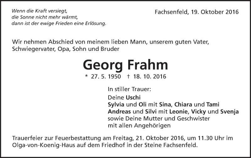  Traueranzeige für Georg Frahm vom 19.10.2016 aus Schwäbische Post