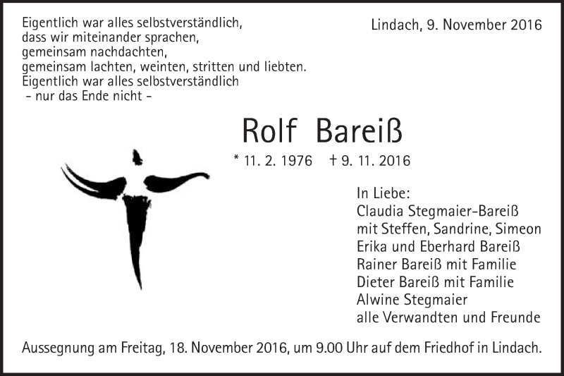  Traueranzeige für Rolf Bareiß vom 16.11.2016 aus Gmünder Tagespost