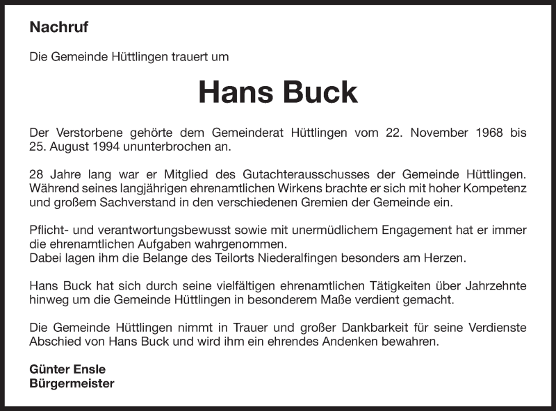  Traueranzeige für Hans Buck vom 19.11.2016 aus Schwäbische Post