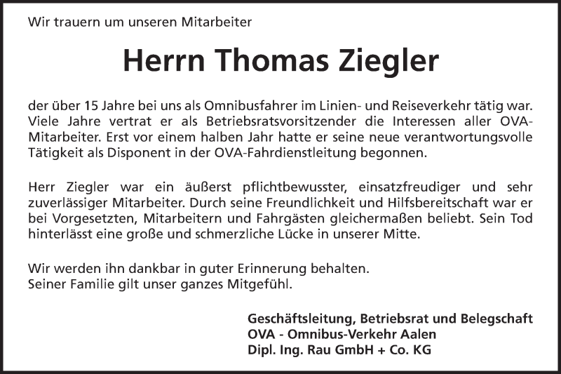  Traueranzeige für Thomas Ziegler vom 05.11.2016 aus Schwäbische Post