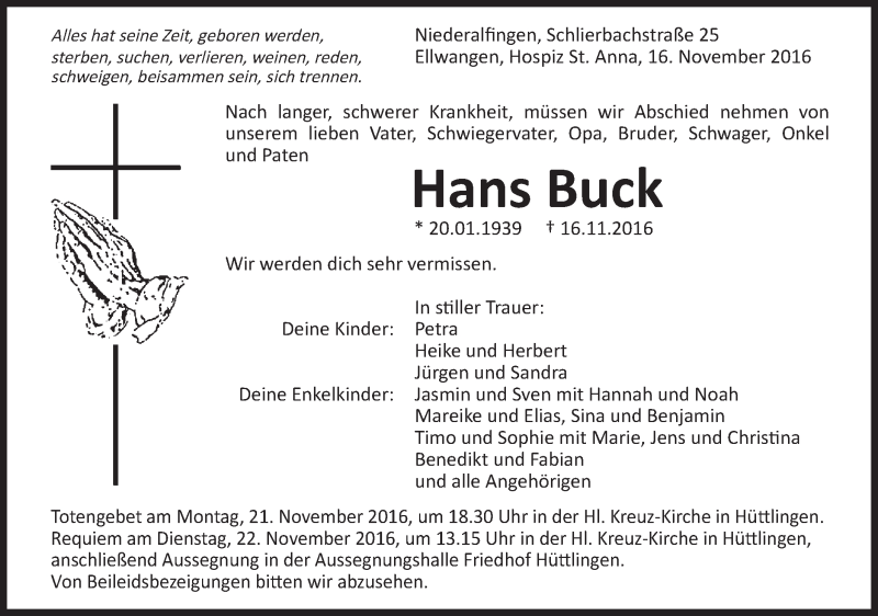  Traueranzeige für Hans Buck vom 18.11.2016 aus Schwäbische Post