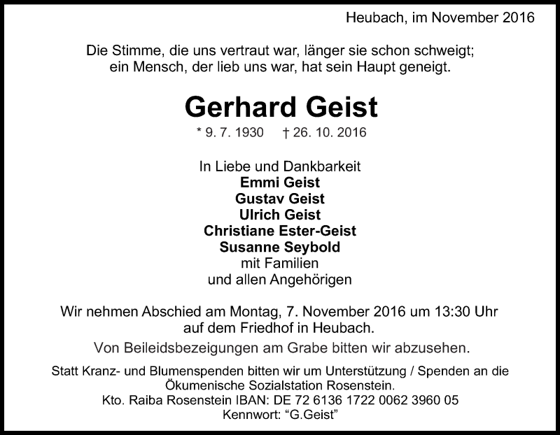  Traueranzeige für Gerhard Geist vom 02.11.2016 aus Gmünder Tagespost