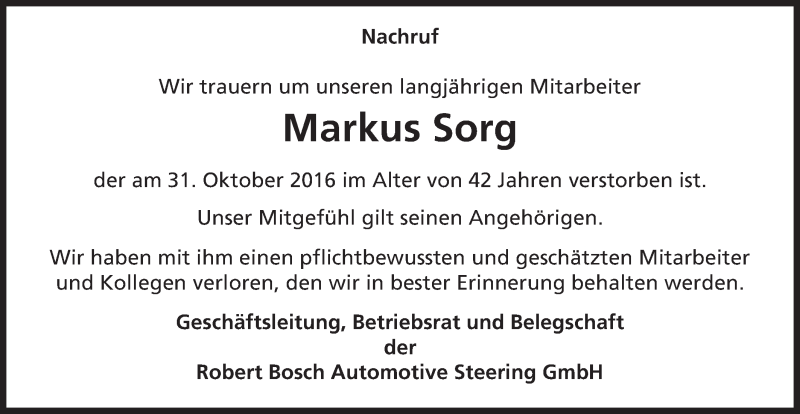  Traueranzeige für Markus Sorg vom 04.11.2016 aus Gmünder Tagespost