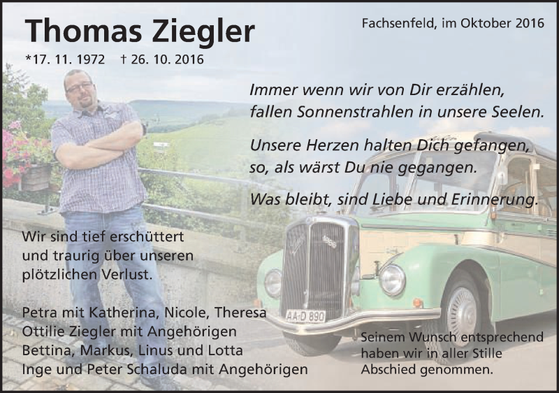  Traueranzeige für Thomas Ziegler vom 05.11.2016 aus Schwäbische Post