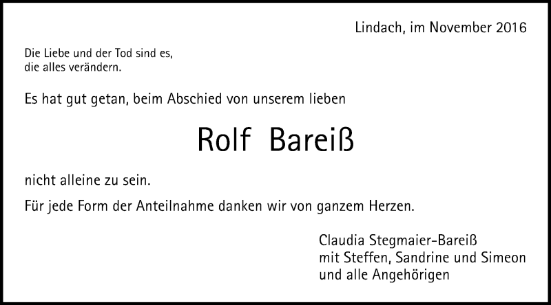  Traueranzeige für Rolf Bareiß vom 26.11.2016 aus Gmünder Tagespost