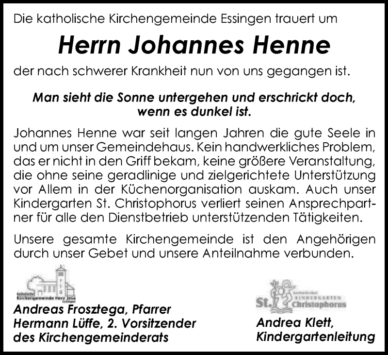  Traueranzeige für Johannes Henne vom 08.12.2016 aus Schwäbische Post