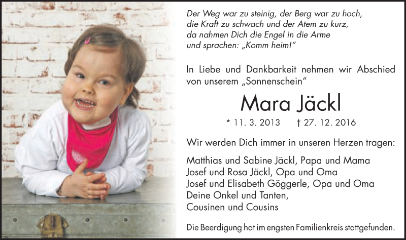  Traueranzeige für Mara Jäckl vom 30.12.2016 aus Schwäbische Post