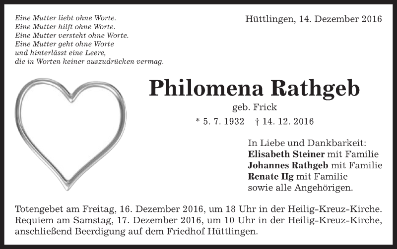  Traueranzeige für Philomena Rathgeb vom 15.12.2016 aus Schwäbische Post