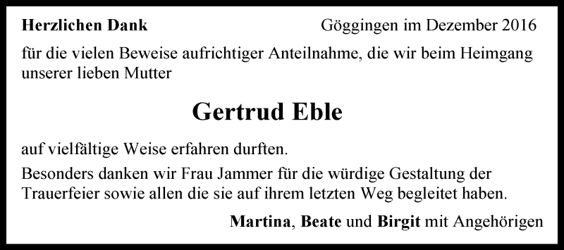  Traueranzeige für Gertrud Eble vom 30.12.2016 aus Gmünder Tagespost