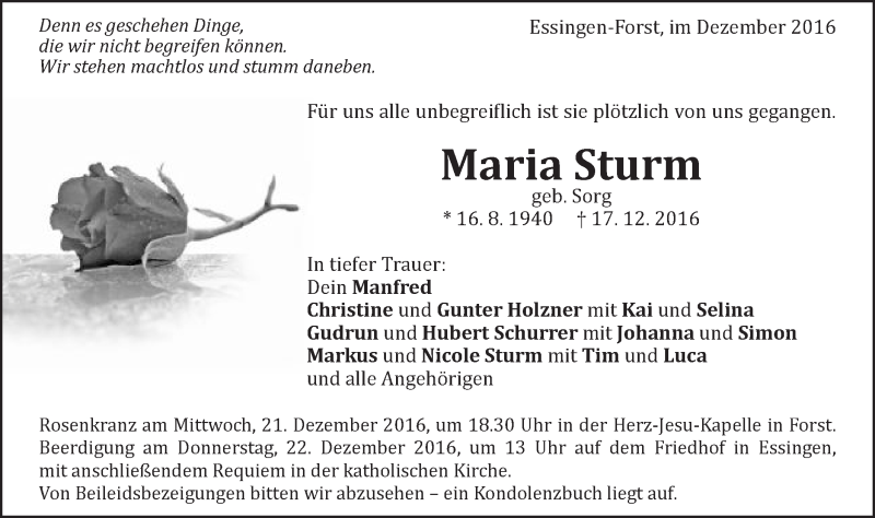  Traueranzeige für Maria Sturm vom 20.12.2016 aus Schwäbische Post