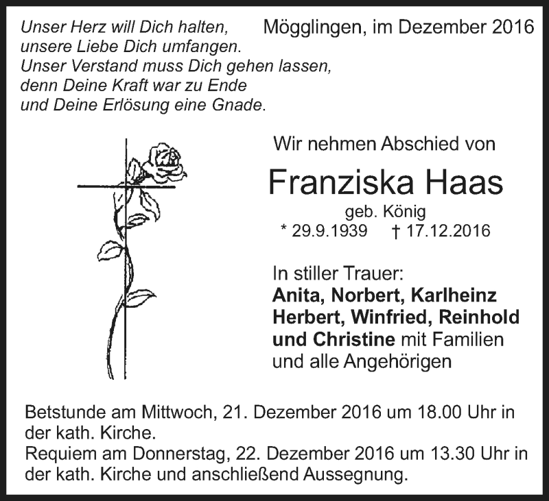  Traueranzeige für Franziska Haas vom 20.12.2016 aus Gmünder Tagespost