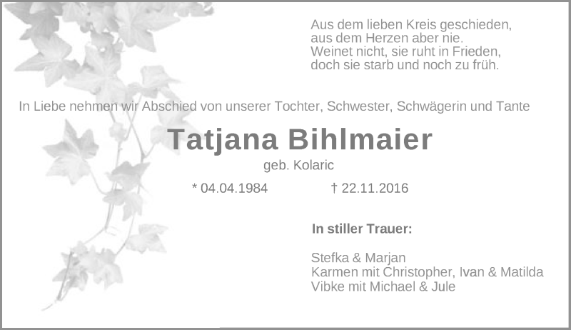  Traueranzeige für Tatjana Bihlmaier vom 05.12.2016 aus Schwäbische Post