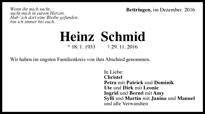  Traueranzeige für Heinz Schmid vom 07.12.2016 aus Gmünder Tagespost