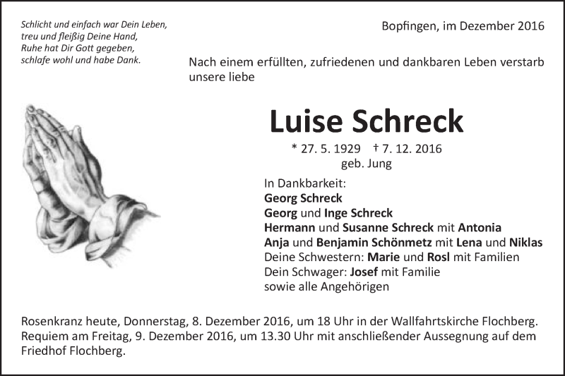  Traueranzeige für Luise Schreck vom 08.12.2016 aus Schwäbische Post