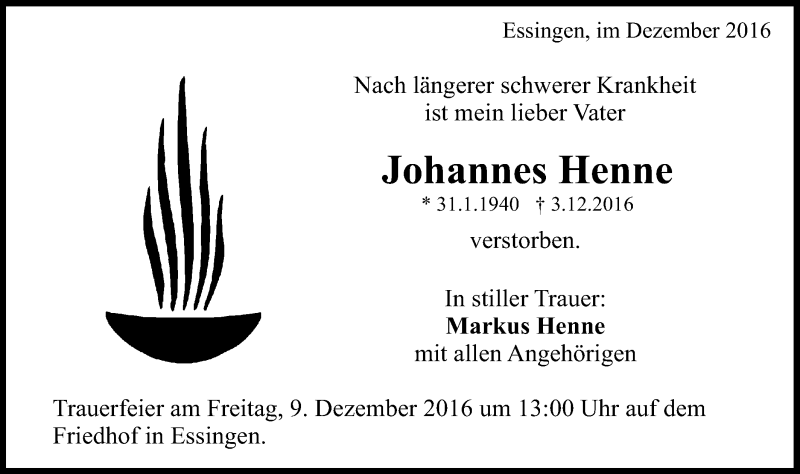  Traueranzeige für Johannes Henne vom 06.12.2016 aus Schwäbische Post