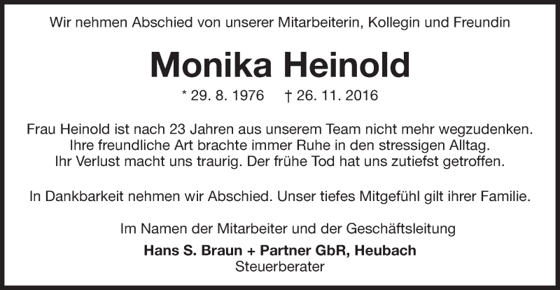  Traueranzeige für Monika Heinold vom 01.12.2016 aus Gmünder Tagespost