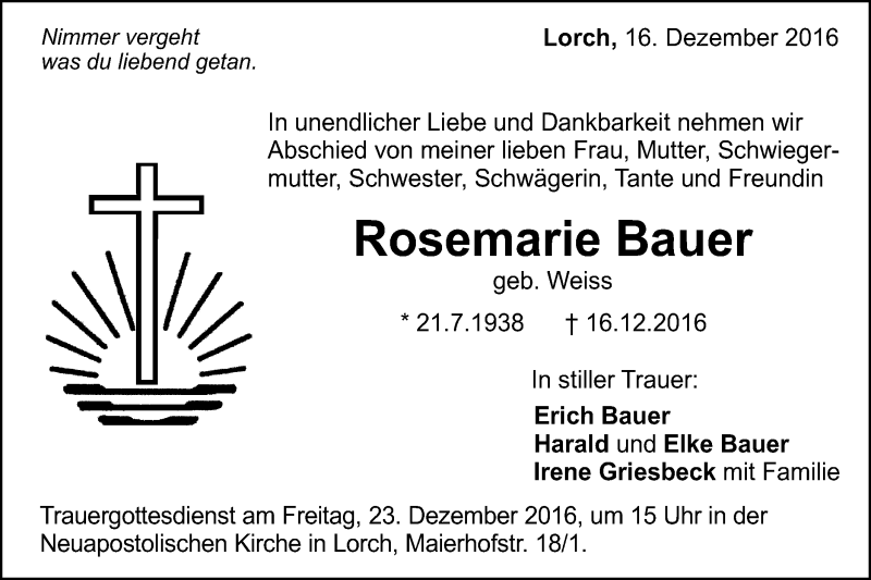  Traueranzeige für Rosemarie Bauer vom 20.12.2016 aus Gmünder Tagespost
