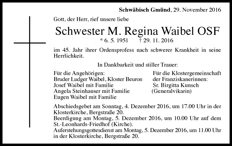 Traueranzeige für M. Regina Waibel vom 01.12.2016 aus Gmünder Tagespost