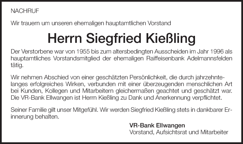  Traueranzeige für Siegfried Kießling vom 10.02.2016 aus Schwäbische Post