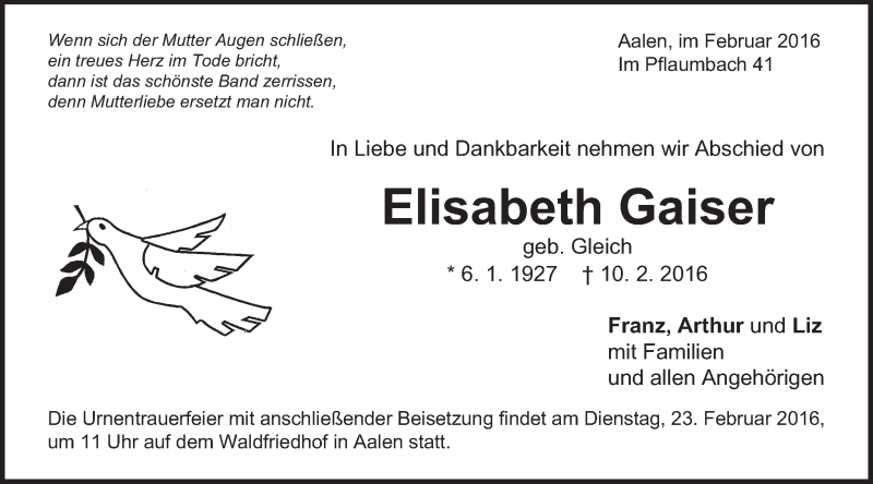  Traueranzeige für Elisabeth Gaiser vom 20.02.2016 aus Schwäbische Post