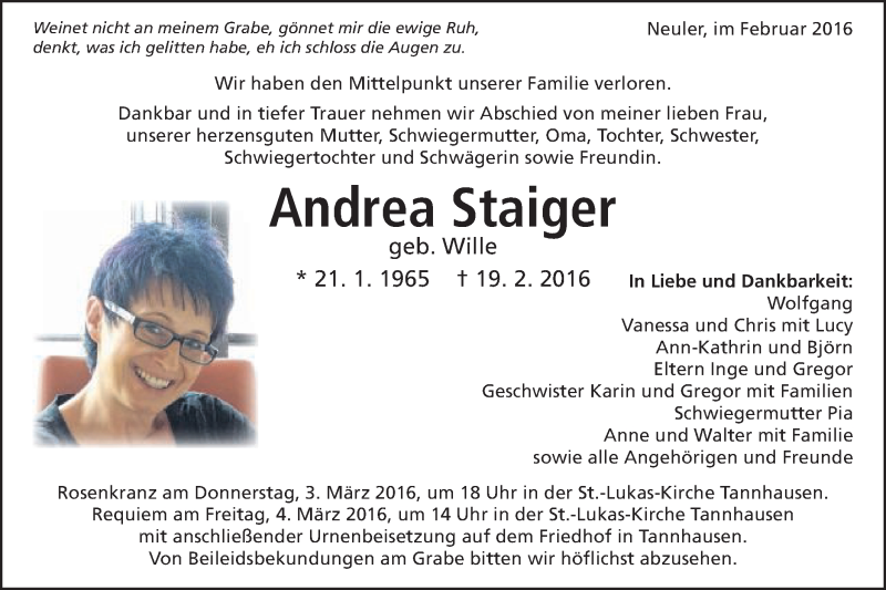  Traueranzeige für Andrea Staiger vom 29.02.2016 aus Schwäbische Post