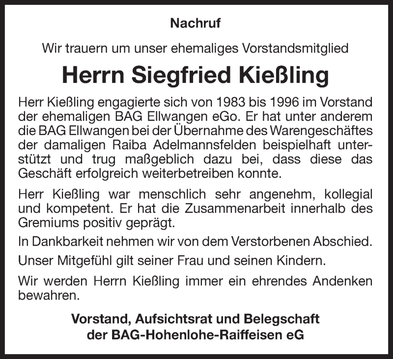  Traueranzeige für Siegfried Kießling vom 12.02.2016 aus Schwäbische Post