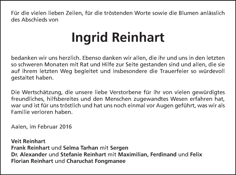  Traueranzeige für Ingrid Reinhart vom 06.02.2016 aus Schwäbische Post