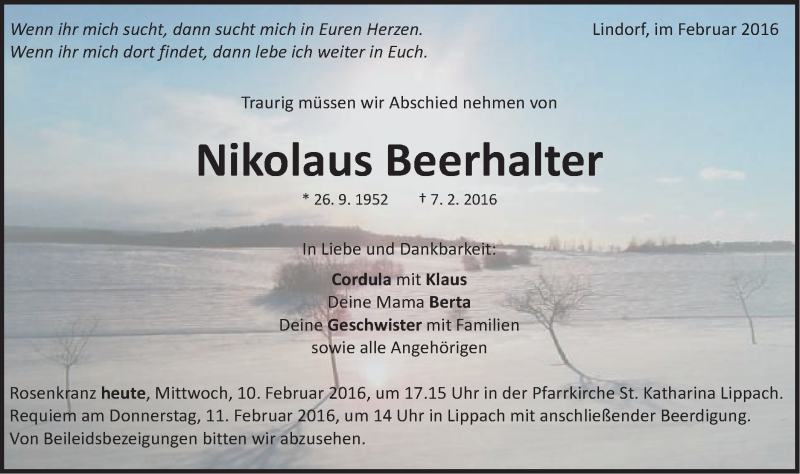  Traueranzeige für Nikolaus Beerhalter vom 10.02.2016 aus Schwäbische Post