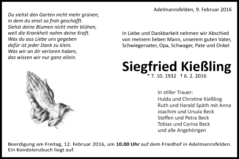  Traueranzeige für Siegfried Kießling vom 09.02.2016 aus OstalbTrauer