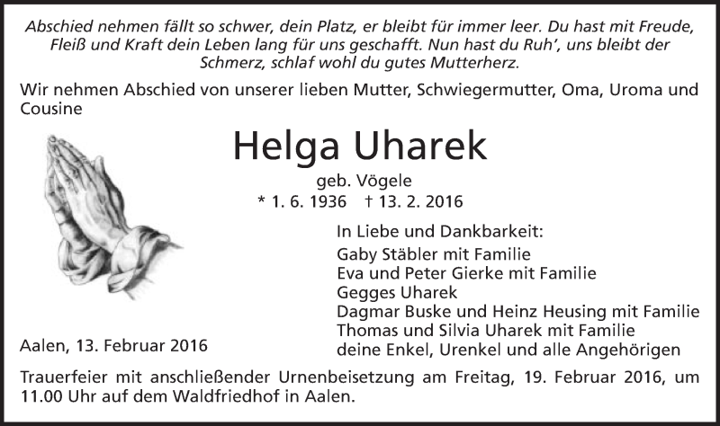  Traueranzeige für Helga Uharek vom 17.02.2016 aus Schwäbische Post