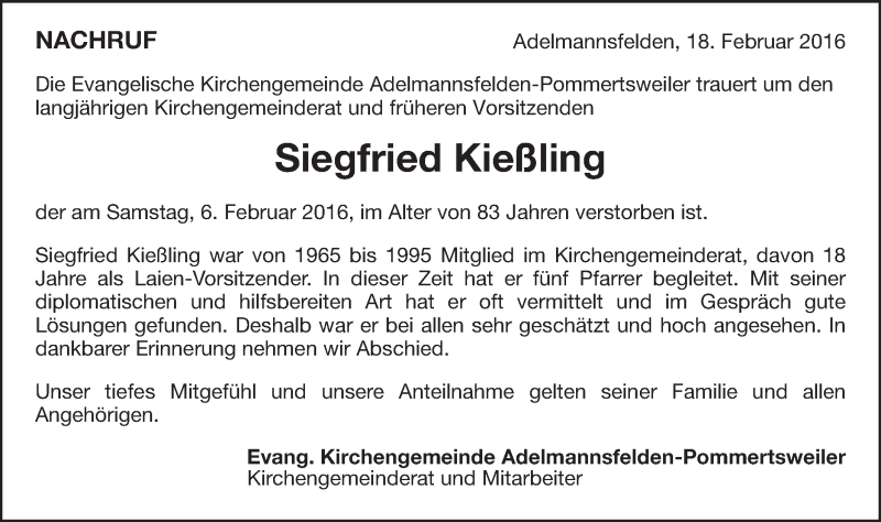  Traueranzeige für Siegfried Kießling vom 19.02.2016 aus Kocher-Lein-Bote