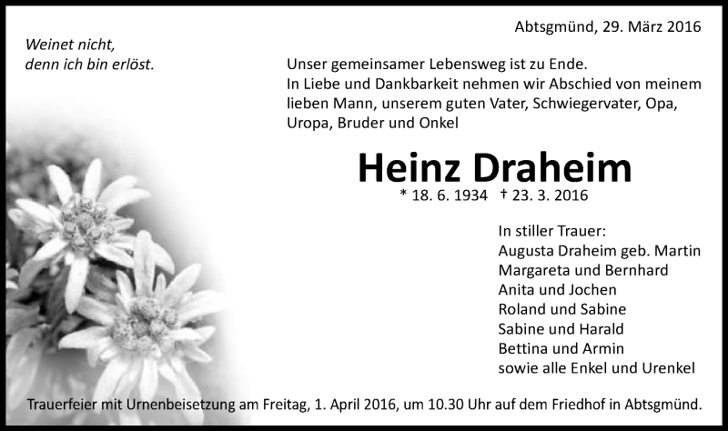  Traueranzeige für Heinz Draheim vom 29.03.2016 aus Schwäbische Post