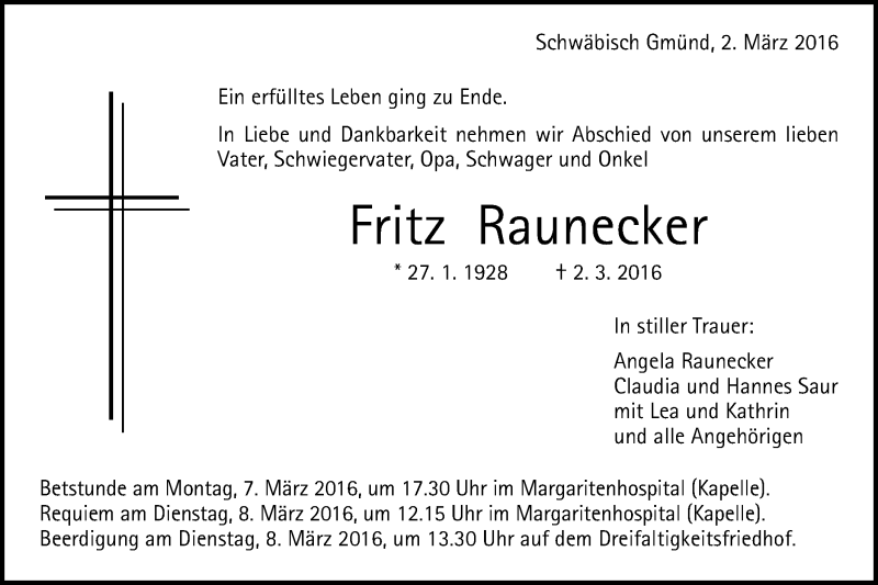  Traueranzeige für Fritz Raunecker vom 04.03.2016 aus Gmünder Tagespost