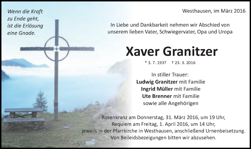  Traueranzeige für Xaver Granitzer vom 30.03.2016 aus Schwäbische Post