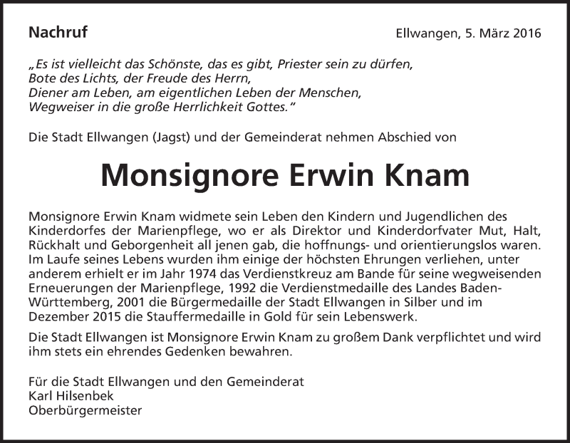  Traueranzeige für Erwin Knam vom 05.03.2016 aus Schwäbische Post