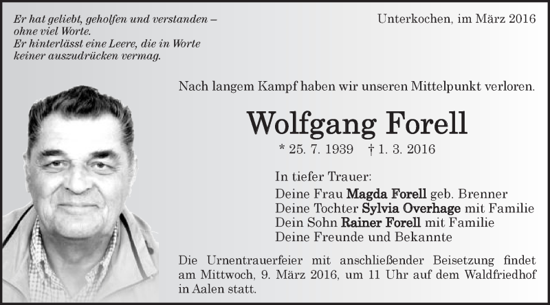  Traueranzeige für Wolfgang Forell vom 05.03.2016 aus Schwäbische Post