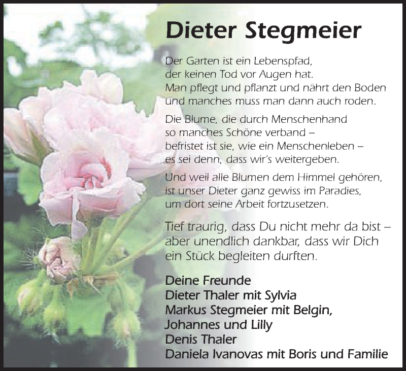 Traueranzeige für Dieter Stegmeier vom 26.04.2016 aus Schwäbische Post